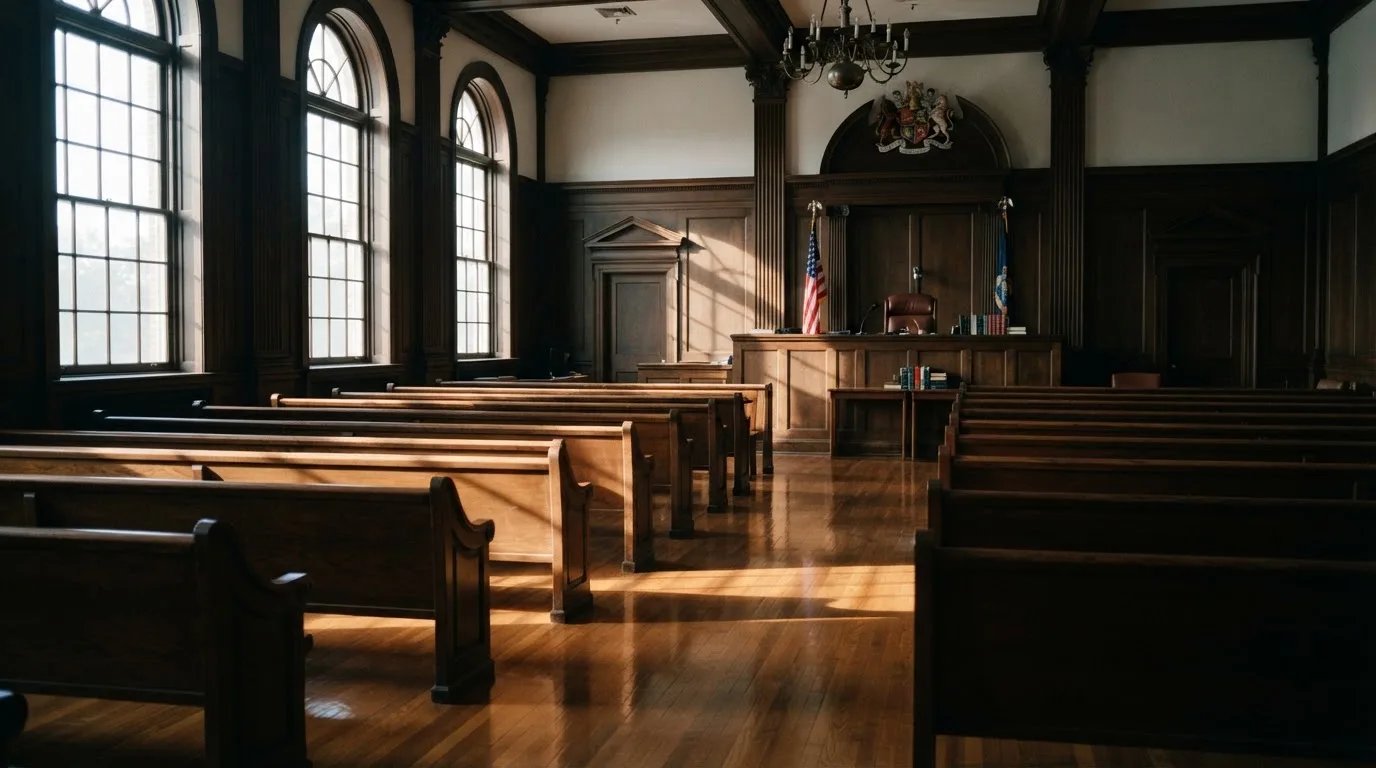 Una sala de tribunal vacía con bancos de madera a la luz de la mañana