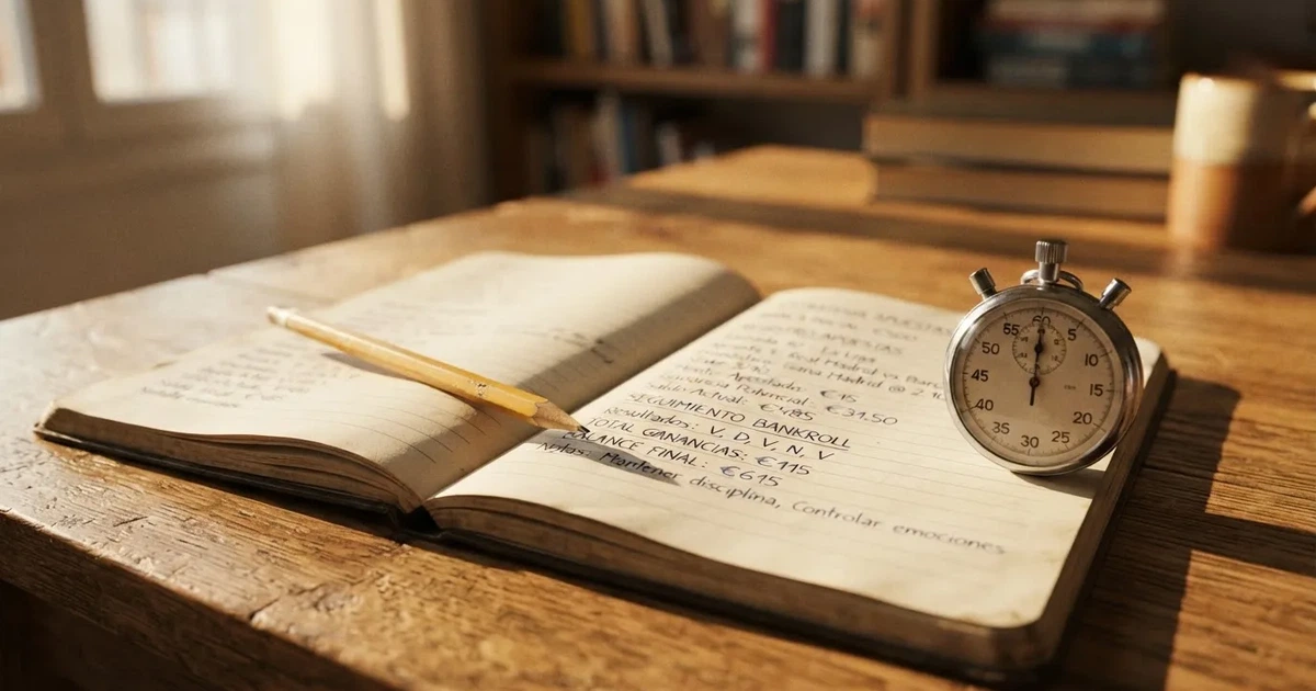 Un cuaderno abierto con un lápiz y un cronómetro sobre una mesa de madera