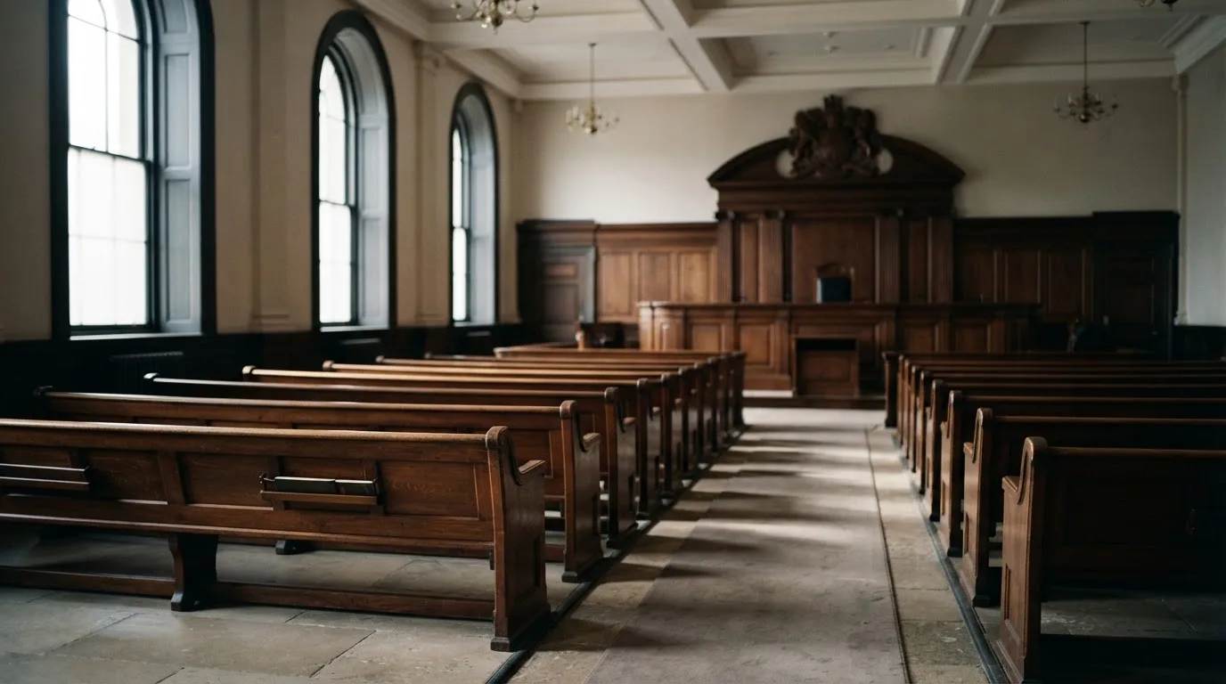 Una sala de tribunal vacía con bancos de madera a la luz de la mañana