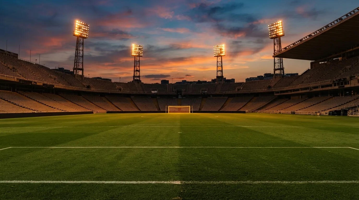 Un estadio de fútbol vacío con torres de iluminación al atardecer