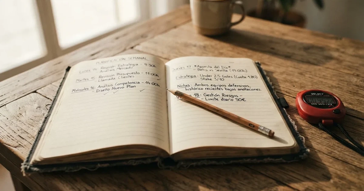 Un cuaderno abierto con un lápiz y un cronómetro sobre una mesa de madera