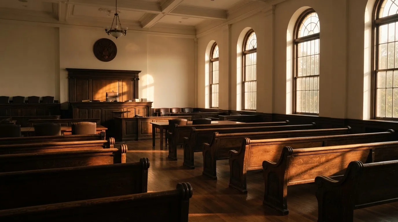 Una sala de tribunal vacía con bancos de madera a la luz de la mañana