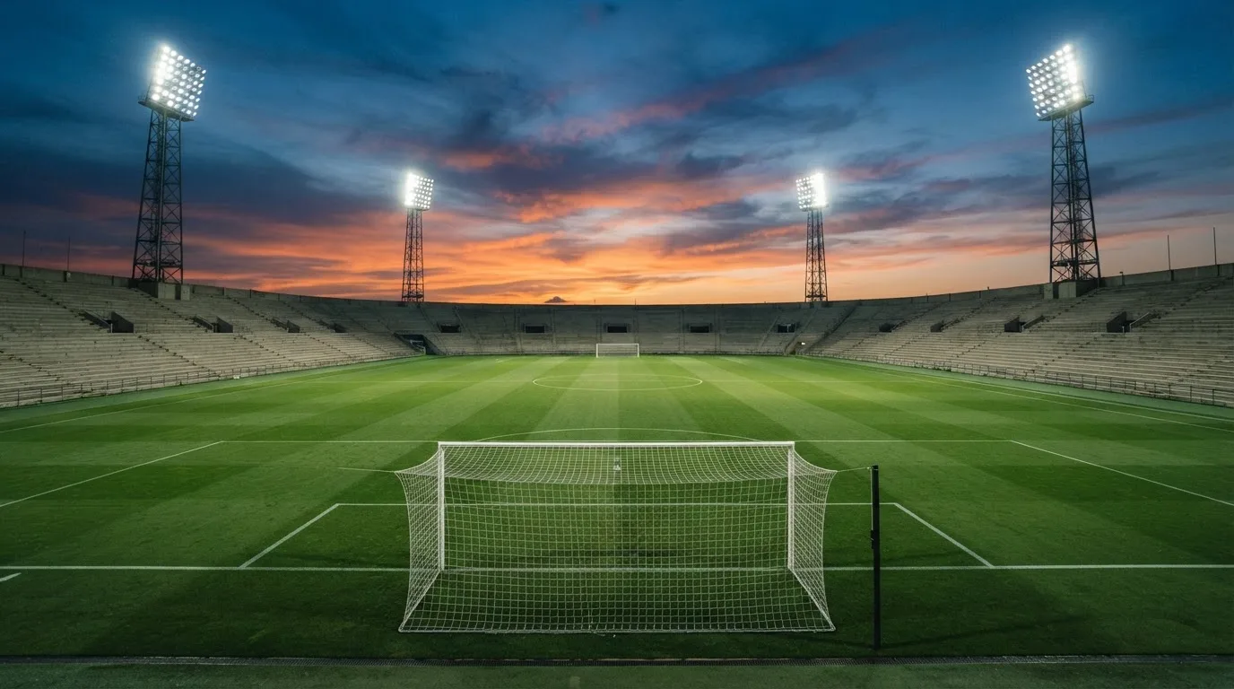 Un estadio de fútbol vacío con torres de iluminación al atardecer
