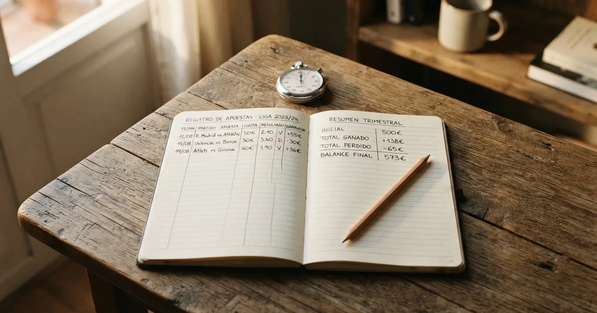 Un cuaderno abierto con un lápiz y un cronómetro sobre una mesa de madera