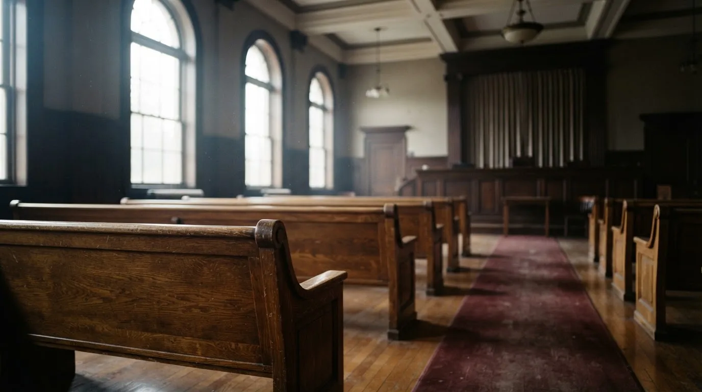 Una sala de tribunal vacía con bancos de madera a la luz de la mañana