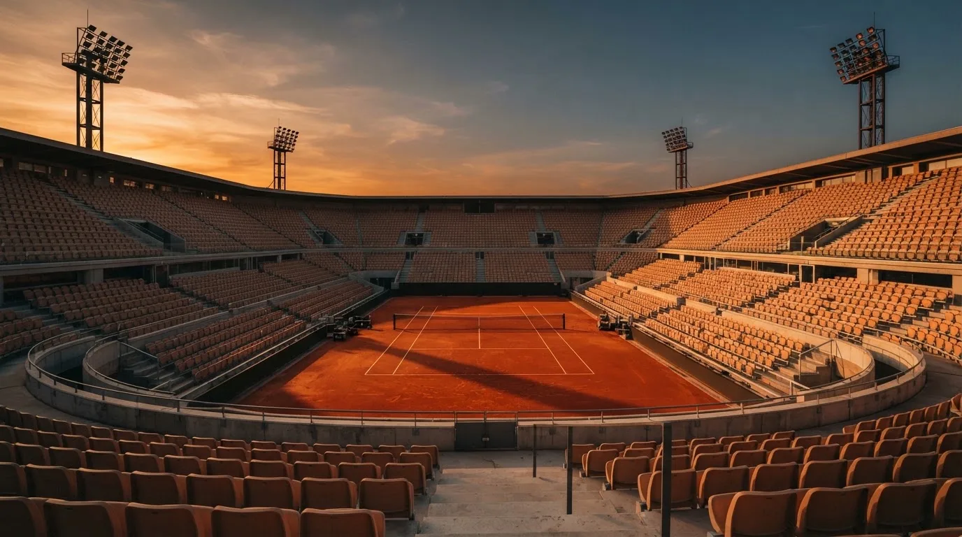 Un estadio de fútbol vacío con torres de iluminación al atardecer