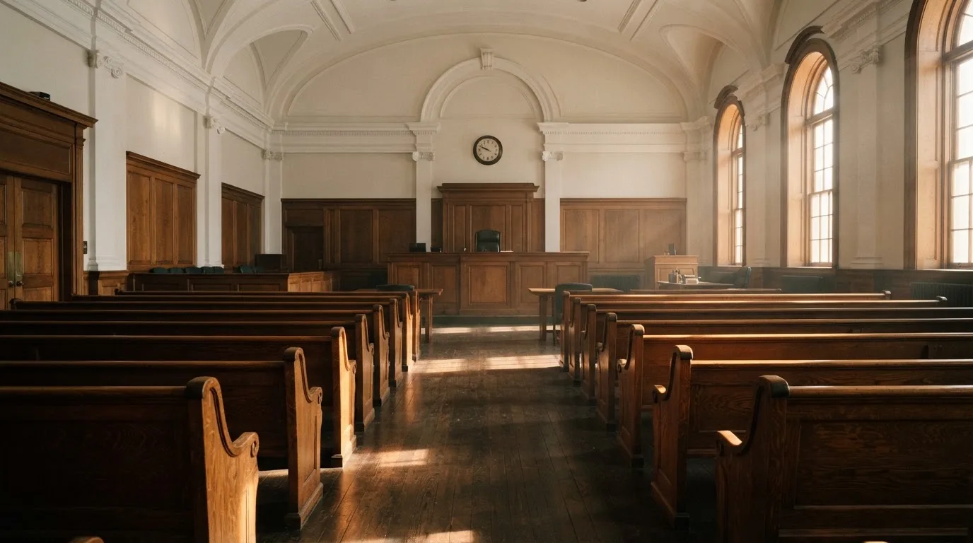Una sala de tribunal vacía con bancos de madera a la luz de la mañana