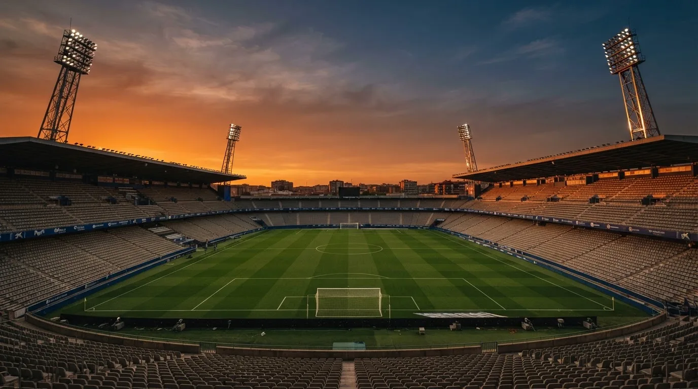 Un estadio de fútbol vacío con torres de iluminación al atardecer