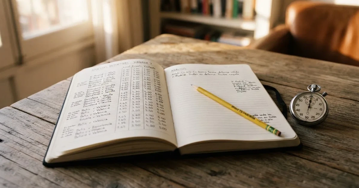 Un cuaderno abierto con un lápiz y un cronómetro sobre una mesa de madera