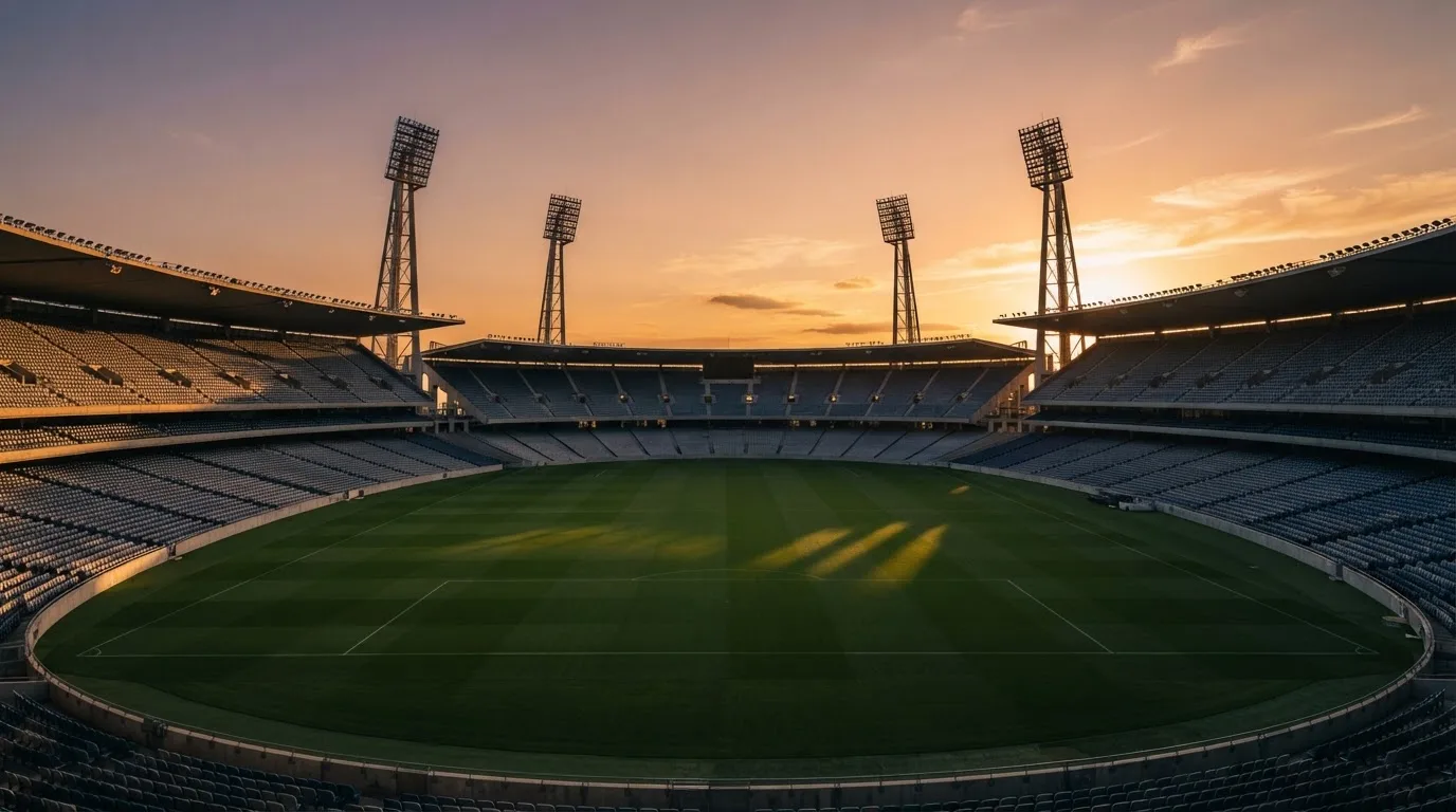 Un estadio de fútbol vacío con torres de iluminación al atardecer