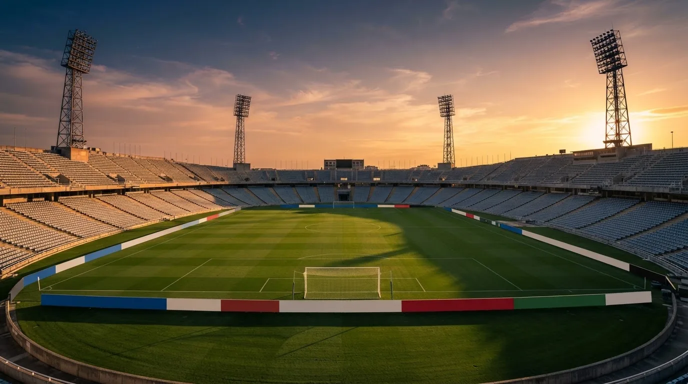 Un estadio de fútbol vacío con torres de iluminación al atardecer