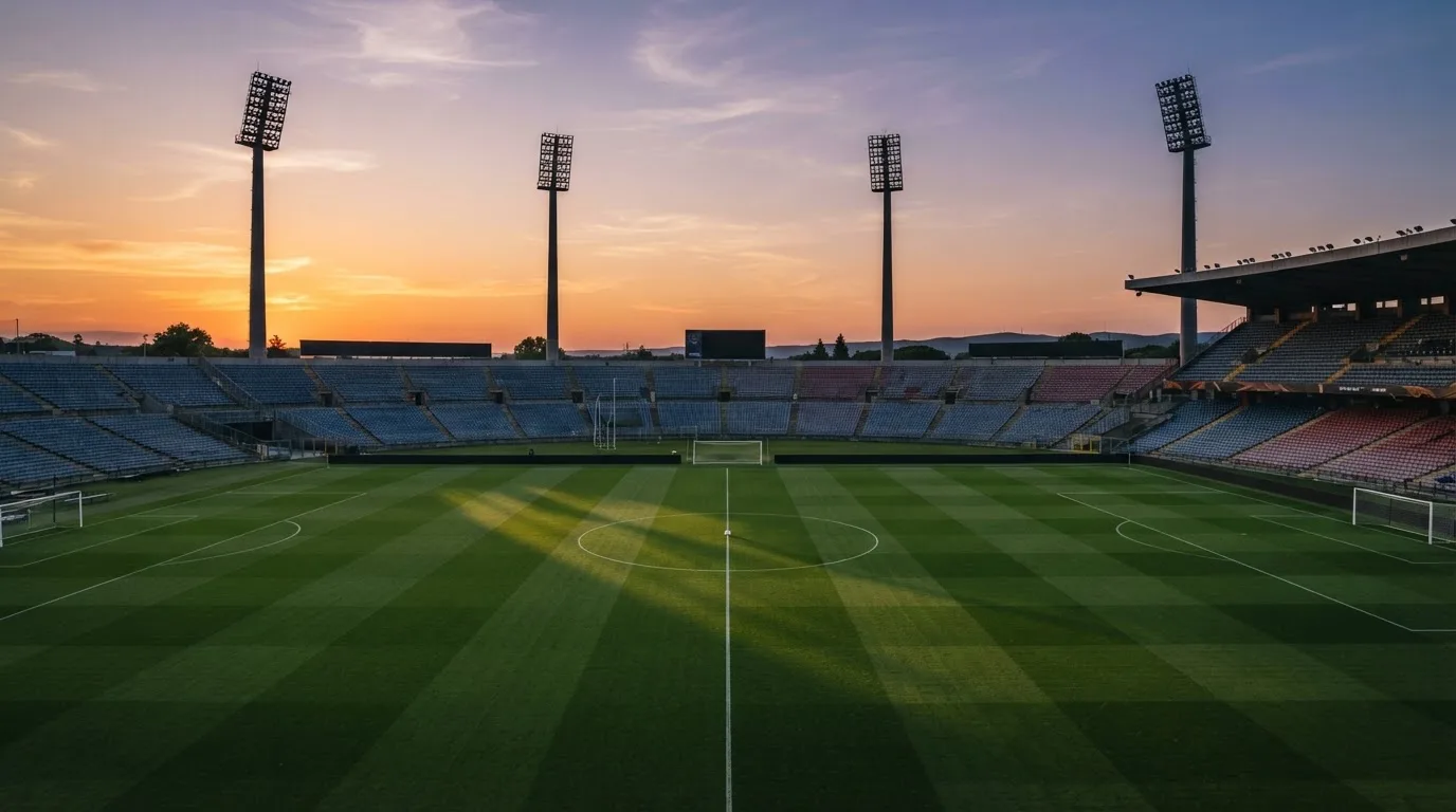 Un estadio de fútbol vacío con torres de iluminación al atardecer