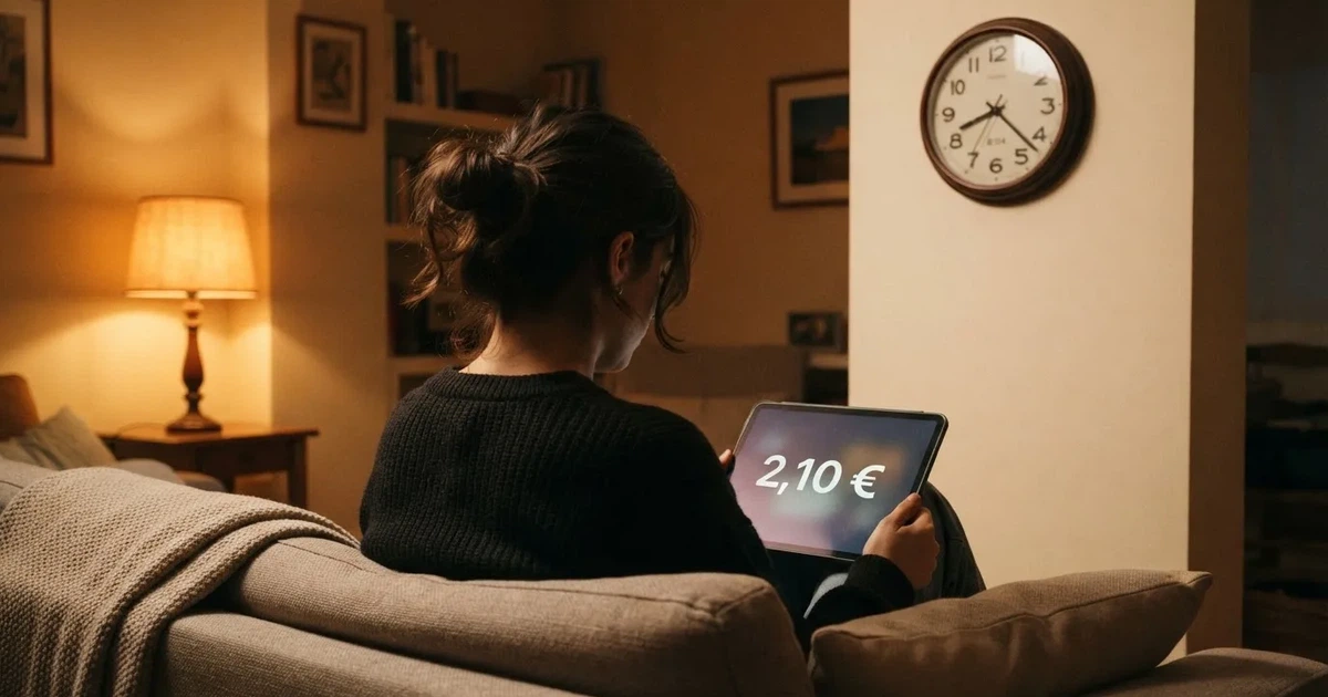 Una persona en el sofá mira pensativa una tableta, con un reloj de pared al fondo