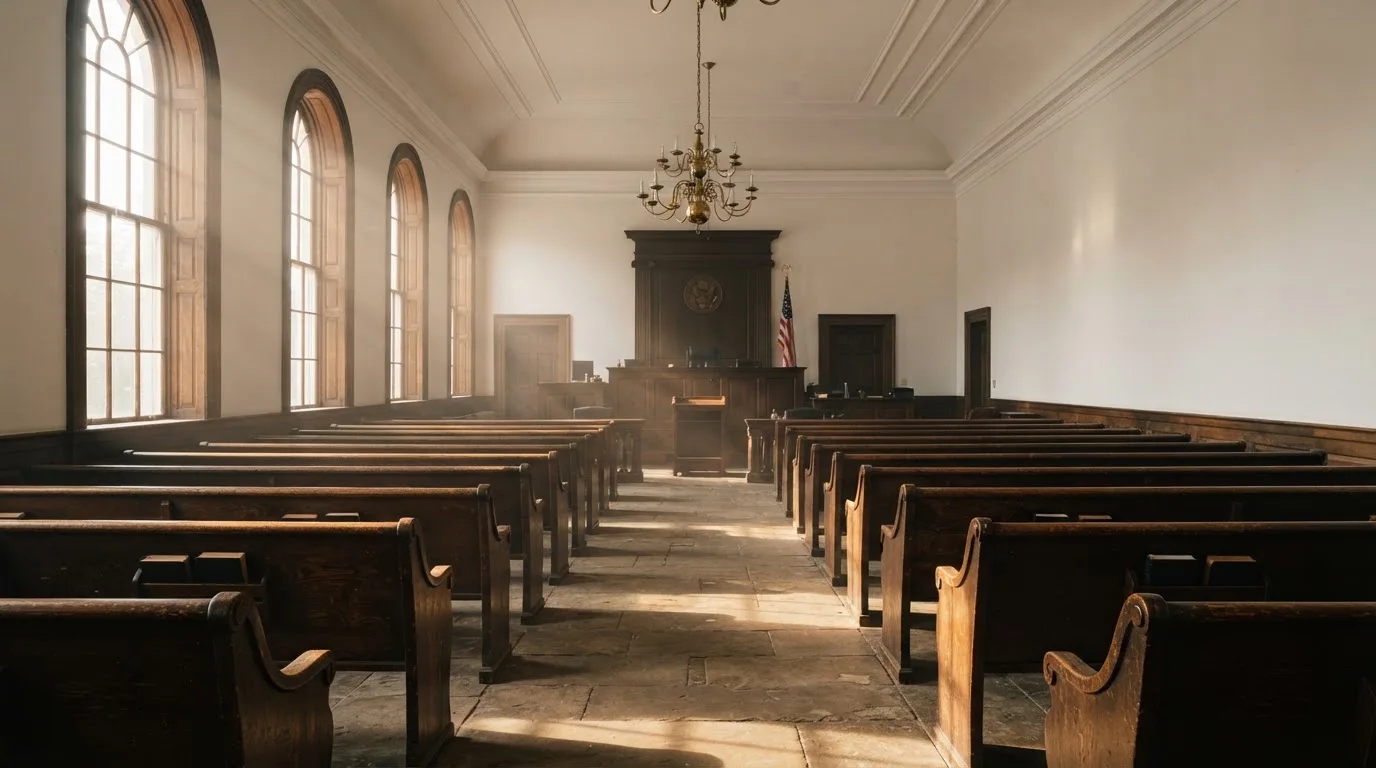 Una sala de tribunal vacía con bancos de madera a la luz de la mañana