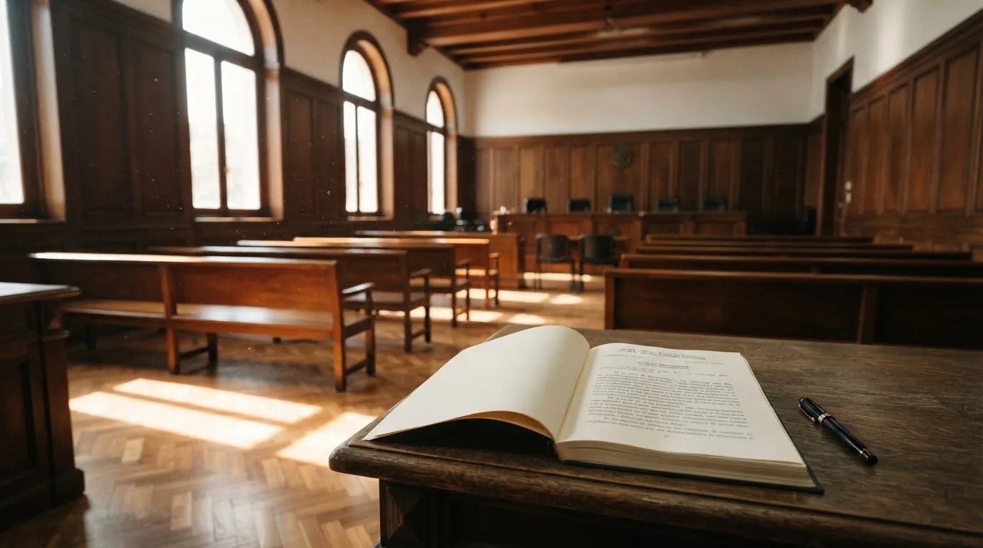 Una sala de tribunal vacía con bancos de madera a la luz de la mañana
