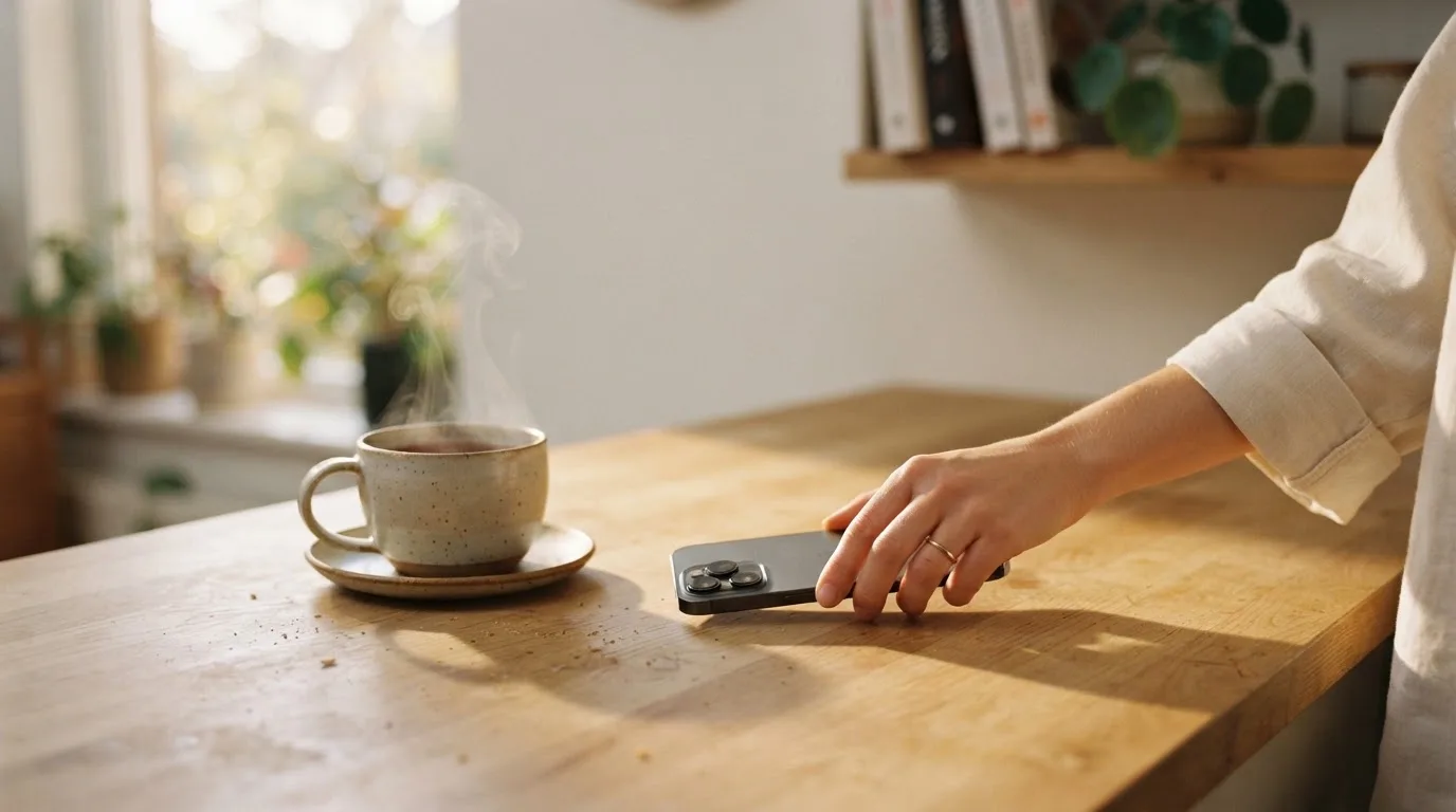 Una mano deja un móvil junto a una taza de té sobre la mesa de la cocina, una tarde tranquila