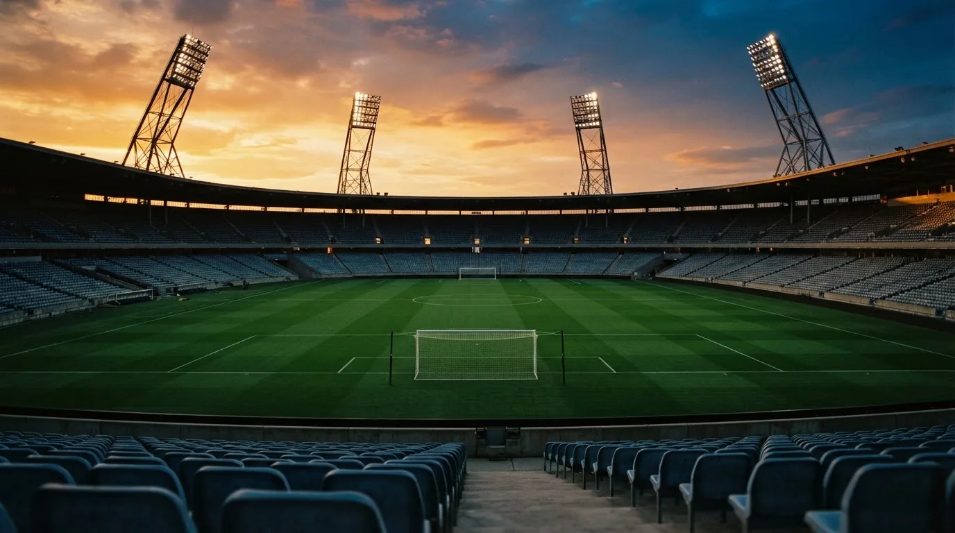 Un estadio de fútbol vacío con torres de iluminación al atardecer