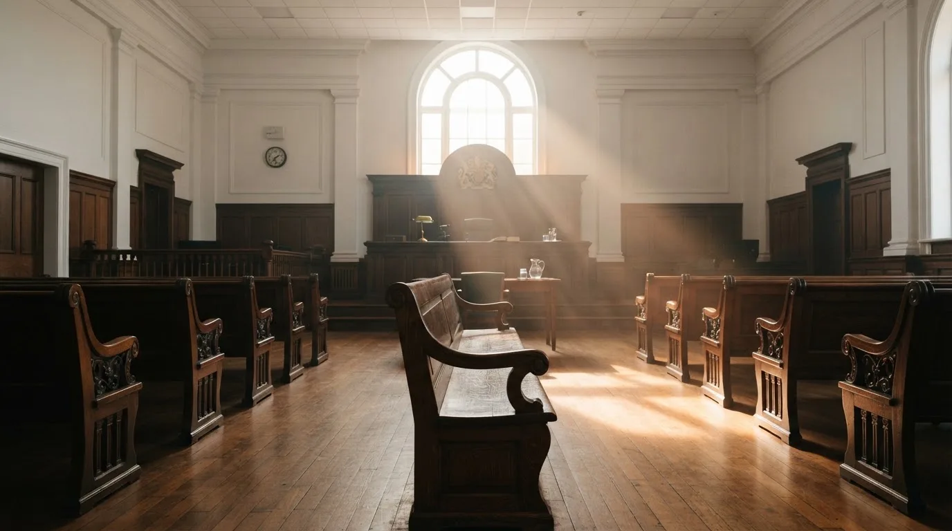 Una sala de tribunal vacía con bancos de madera a la luz de la mañana