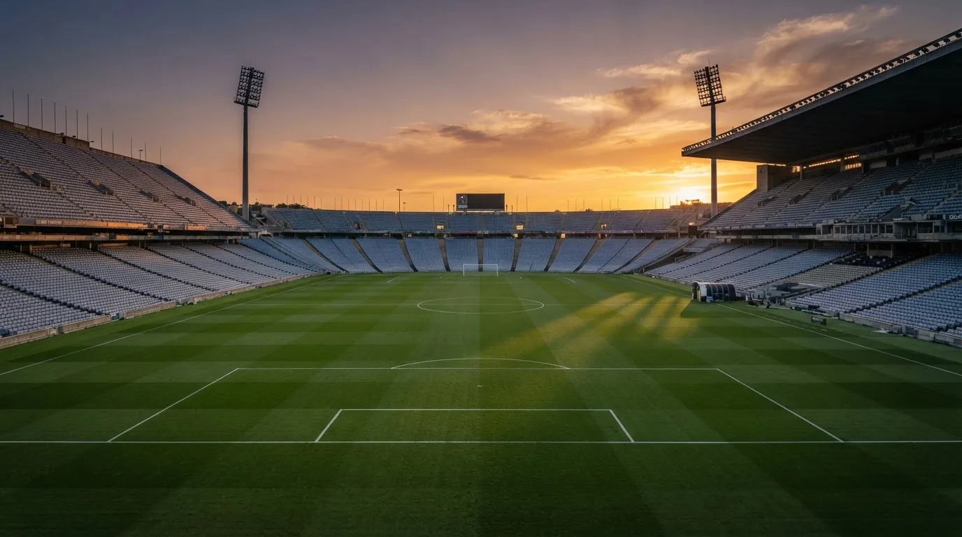 Un estadio de fútbol vacío con torres de iluminación al atardecer