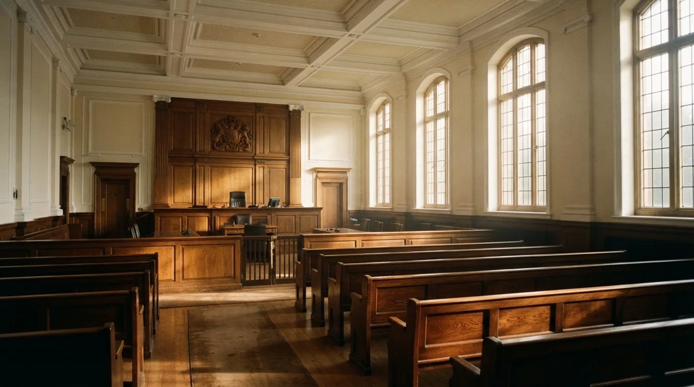 Una sala de tribunal vacía con bancos de madera a la luz de la mañana