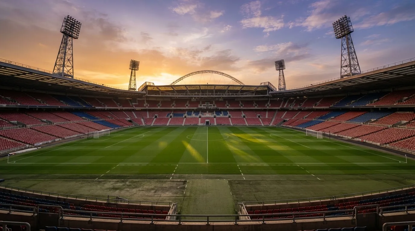 Un estadio de fútbol vacío con torres de iluminación al atardecer