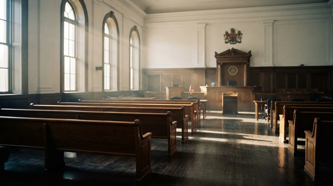 Una sala de tribunal vacía con bancos de madera a la luz de la mañana