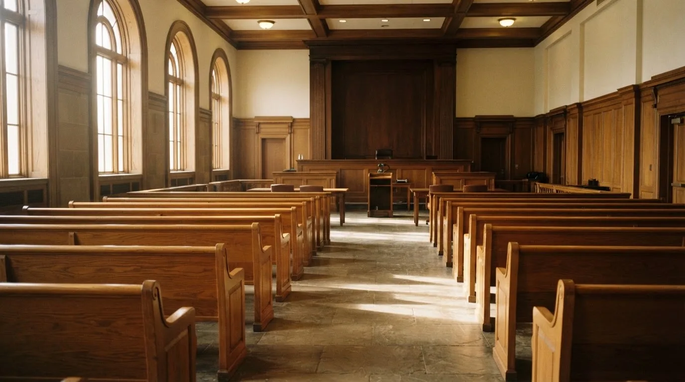 Una sala de tribunal vacía con bancos de madera a la luz de la mañana