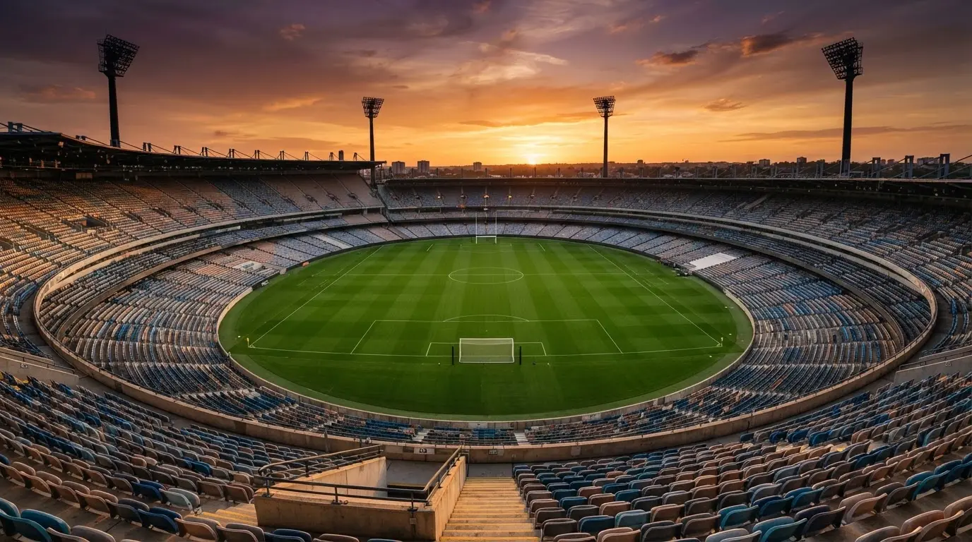 Un estadio de fútbol vacío con torres de iluminación al atardecer