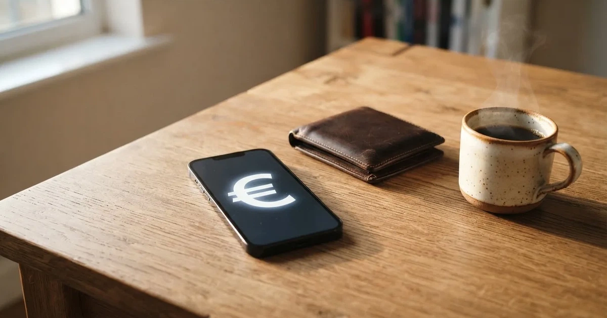 Un móvil sobre una mesa de madera junto a una cartera y una taza de café