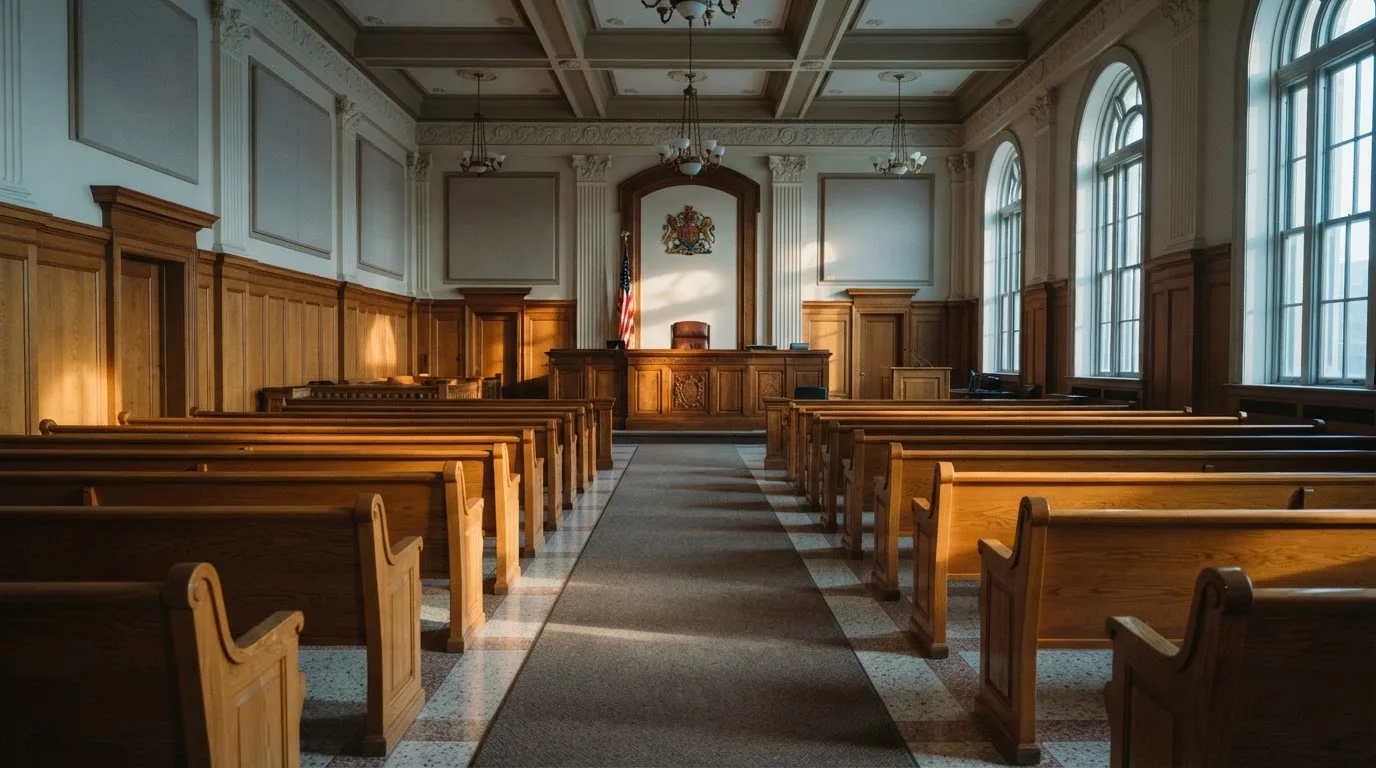 Una sala de tribunal vacía con bancos de madera a la luz de la mañana