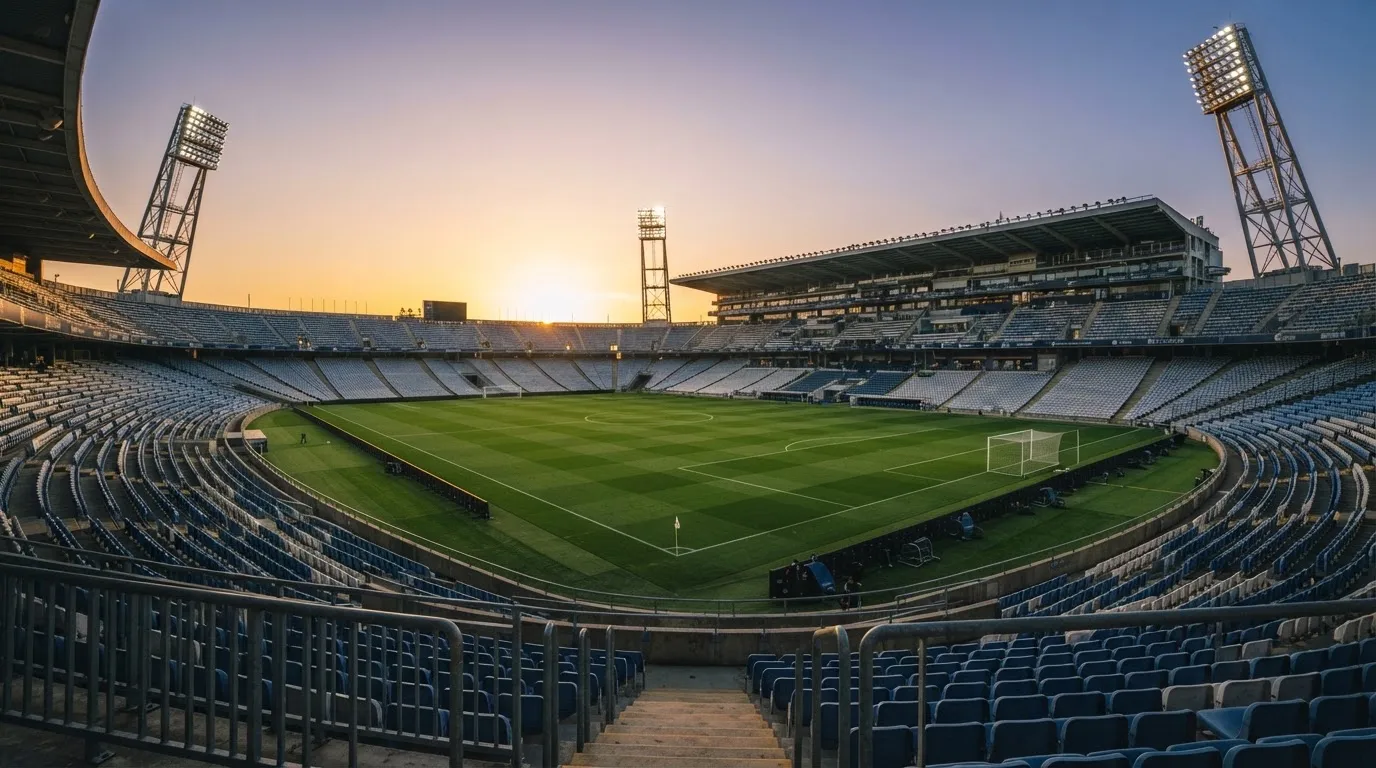 Un estadio de fútbol vacío con torres de iluminación al atardecer