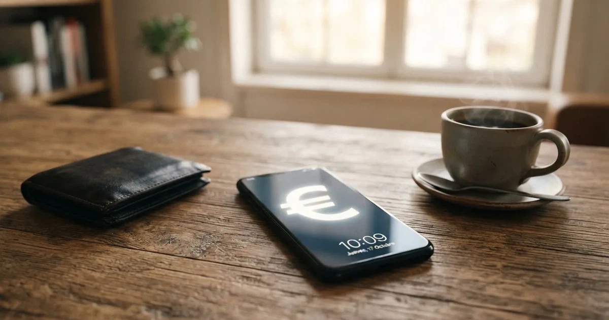 Un móvil sobre una mesa de madera junto a una cartera y una taza de café