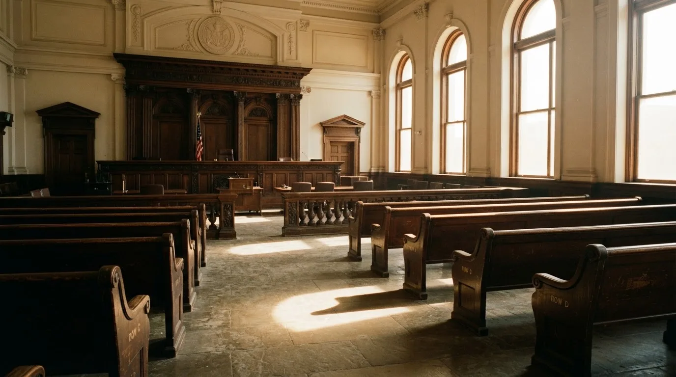 Una sala de tribunal vacía con bancos de madera a la luz de la mañana