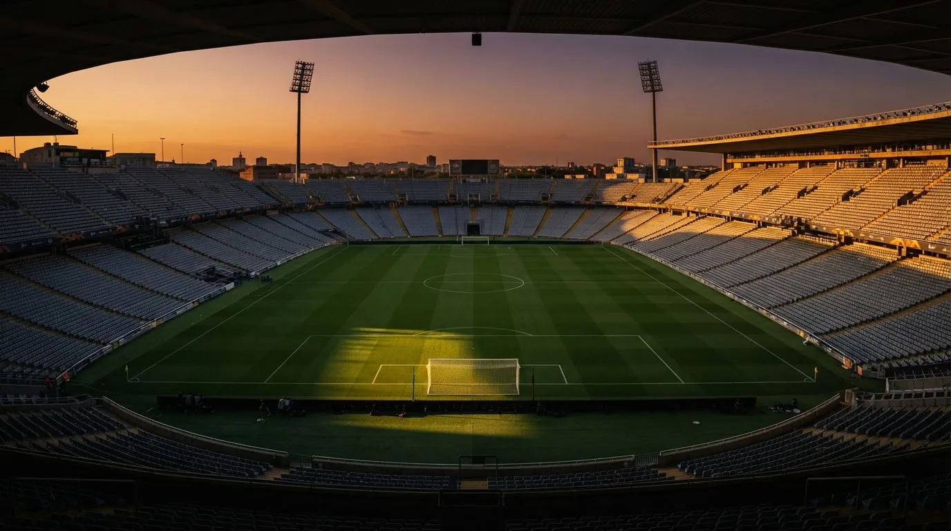 Un estadio de fútbol vacío con torres de iluminación al atardecer