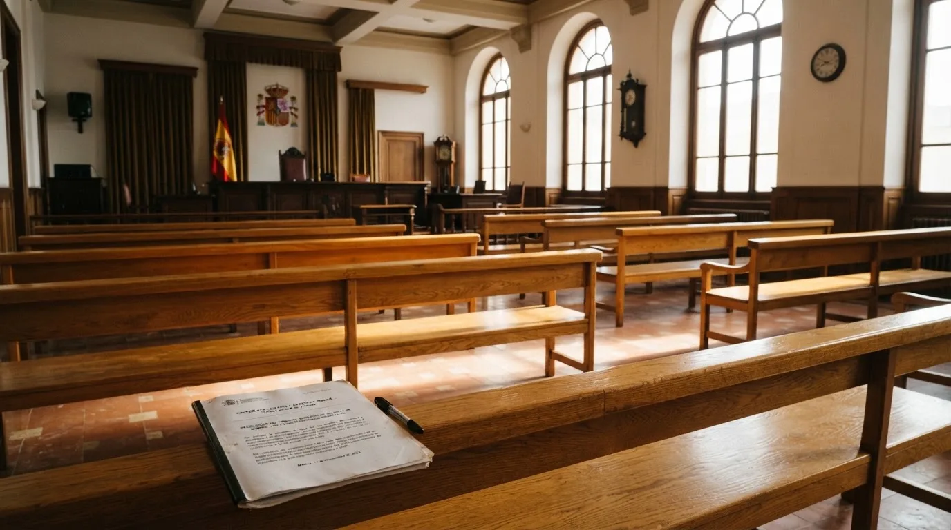 Una sala de tribunal vacía con bancos de madera a la luz de la mañana