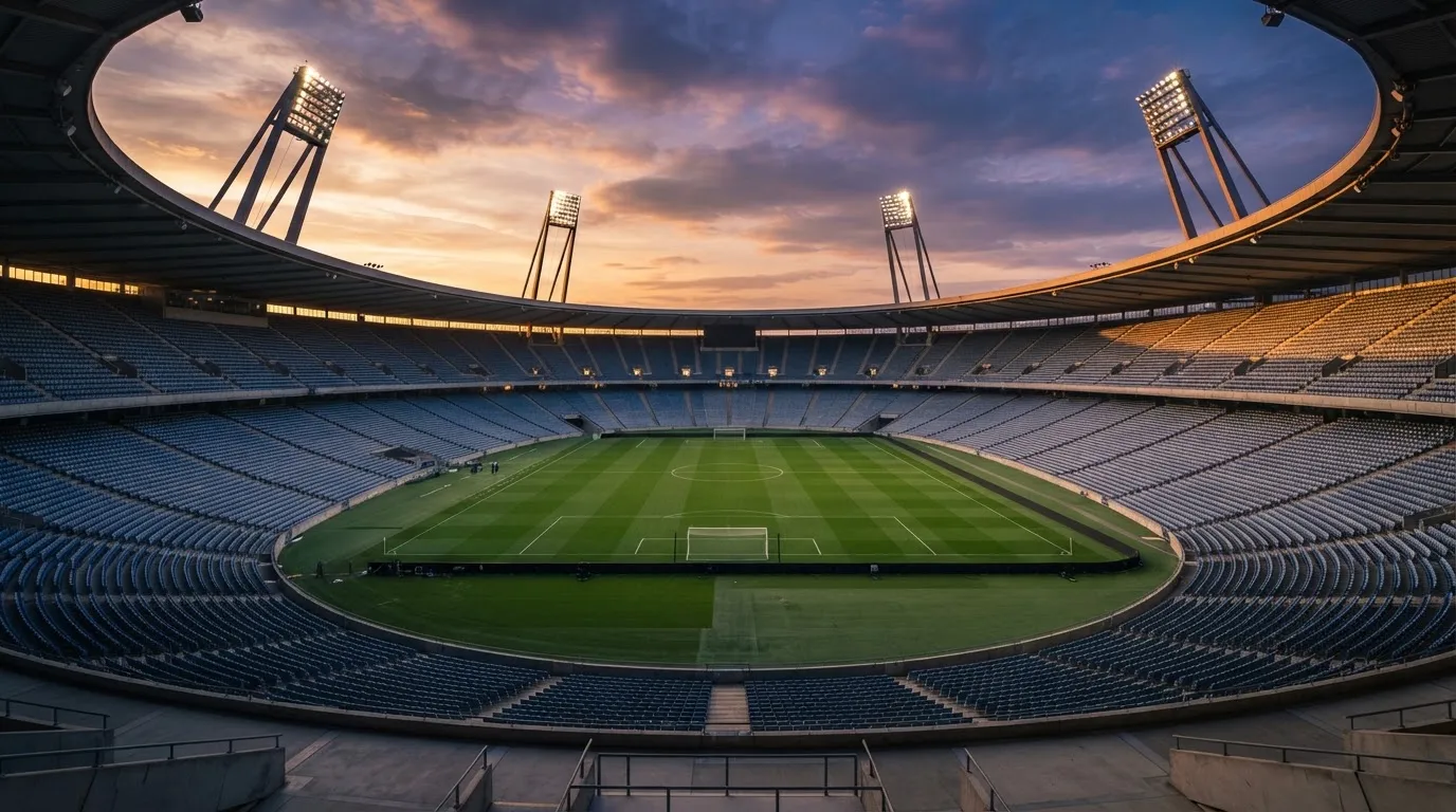 Un estadio de fútbol vacío con torres de iluminación al atardecer