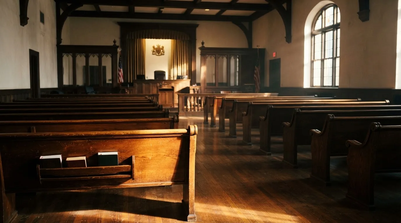 Una sala de tribunal vacía con bancos de madera a la luz de la mañana