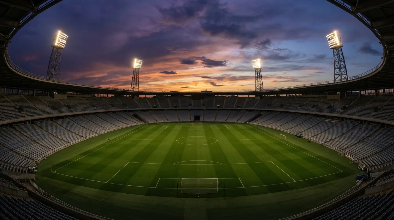 Un estadio de fútbol vacío con torres de iluminación al atardecer