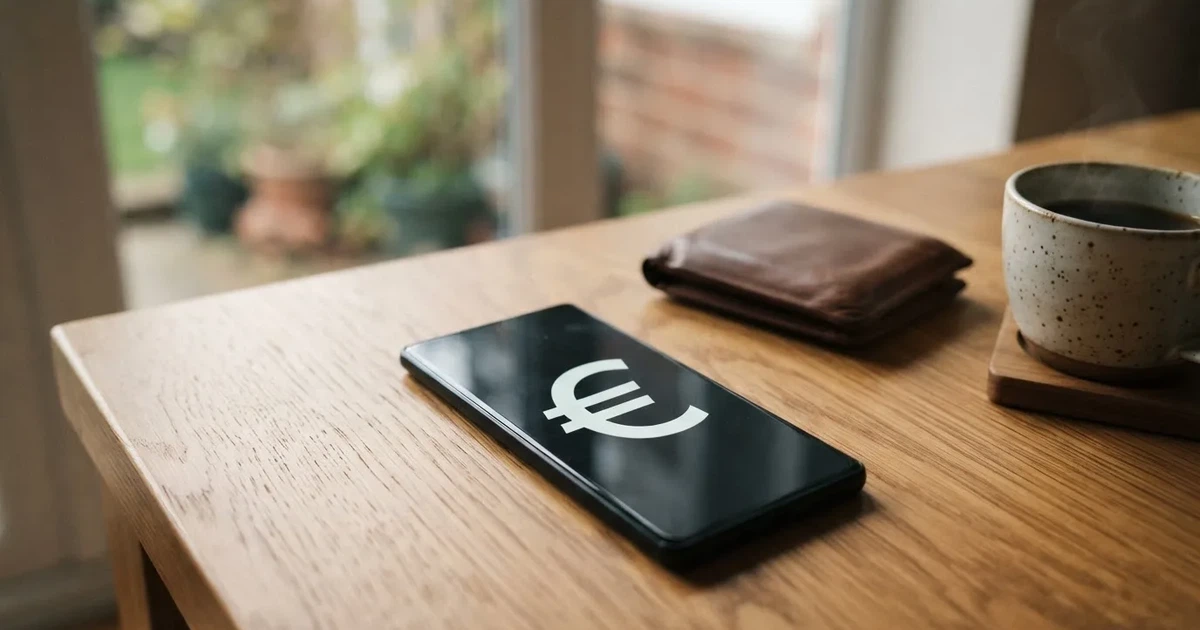 Un móvil sobre una mesa de madera junto a una cartera y una taza de café