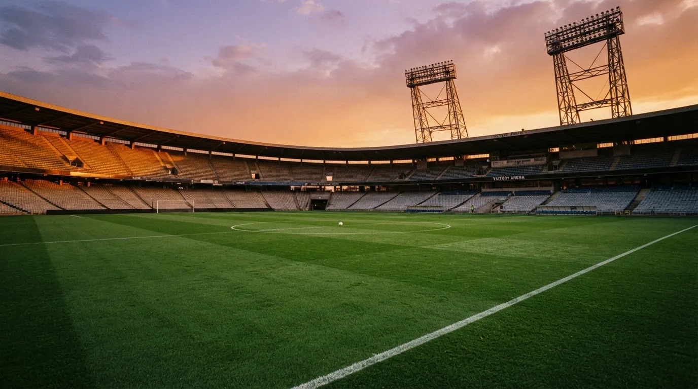 Un estadio de fútbol vacío con torres de iluminación al atardecer