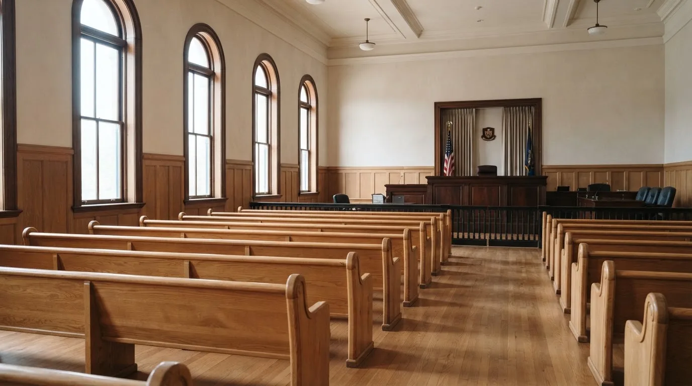 Una sala de tribunal vacía con bancos de madera a la luz de la mañana