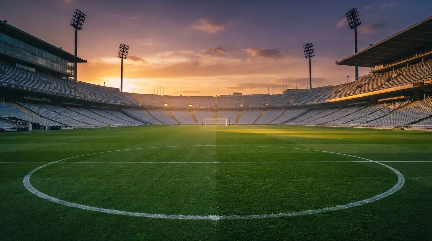 Un estadio de fútbol vacío con torres de iluminación al atardecer