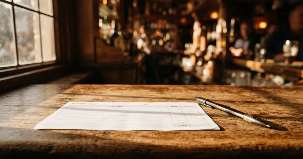 Un boleto de papel en blanco junto a un bolígrafo sobre un mostrador de madera