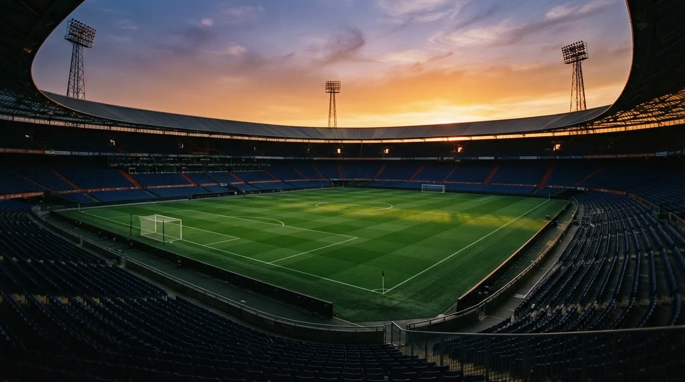 Un estadio de fútbol vacío con torres de iluminación al atardecer