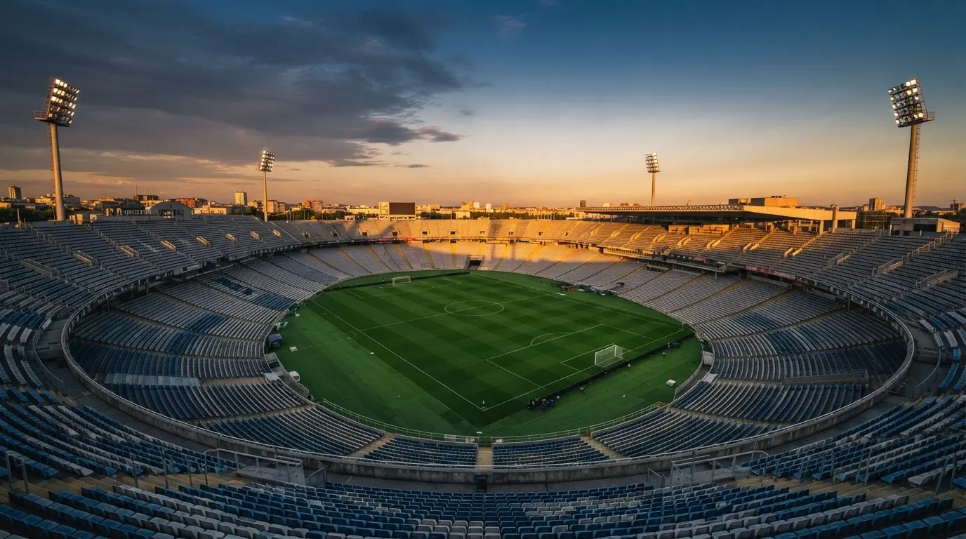 Un estadio de fútbol vacío con torres de iluminación al atardecer