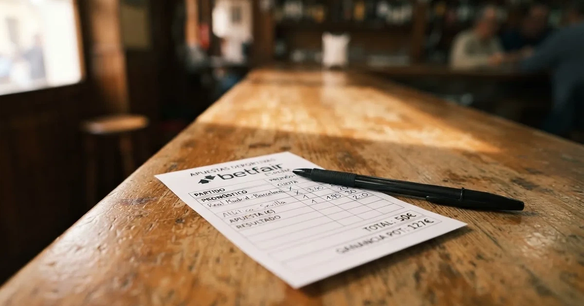 Un boleto de papel en blanco junto a un bolígrafo sobre un mostrador de madera