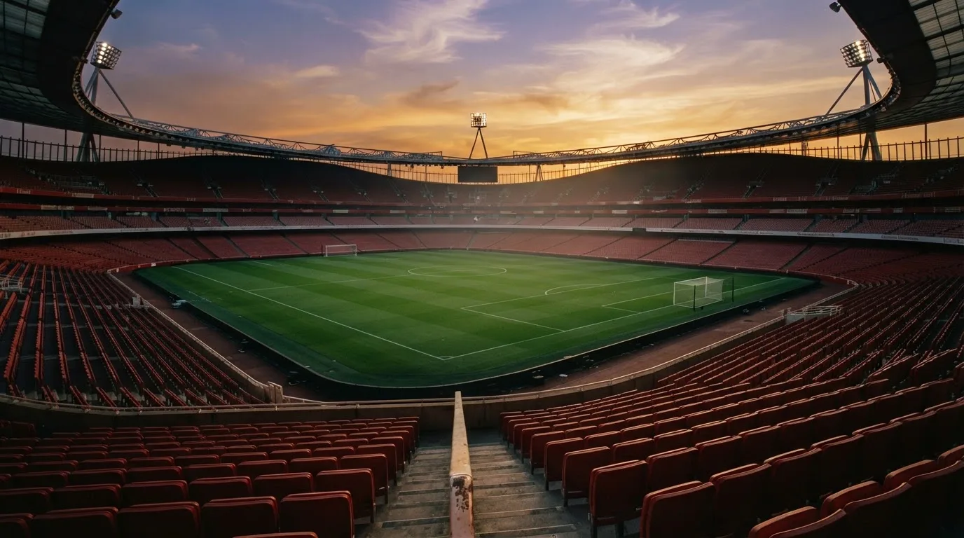 Un estadio de fútbol vacío con torres de iluminación al atardecer