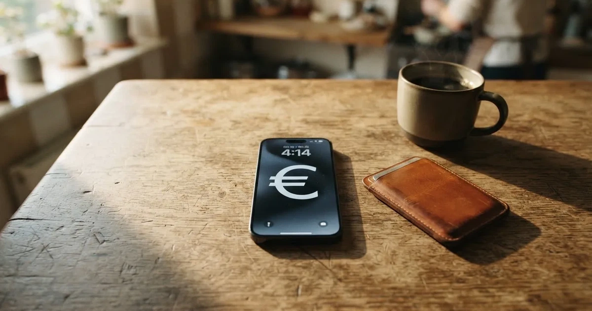 Un móvil sobre una mesa de madera junto a una cartera y una taza de café