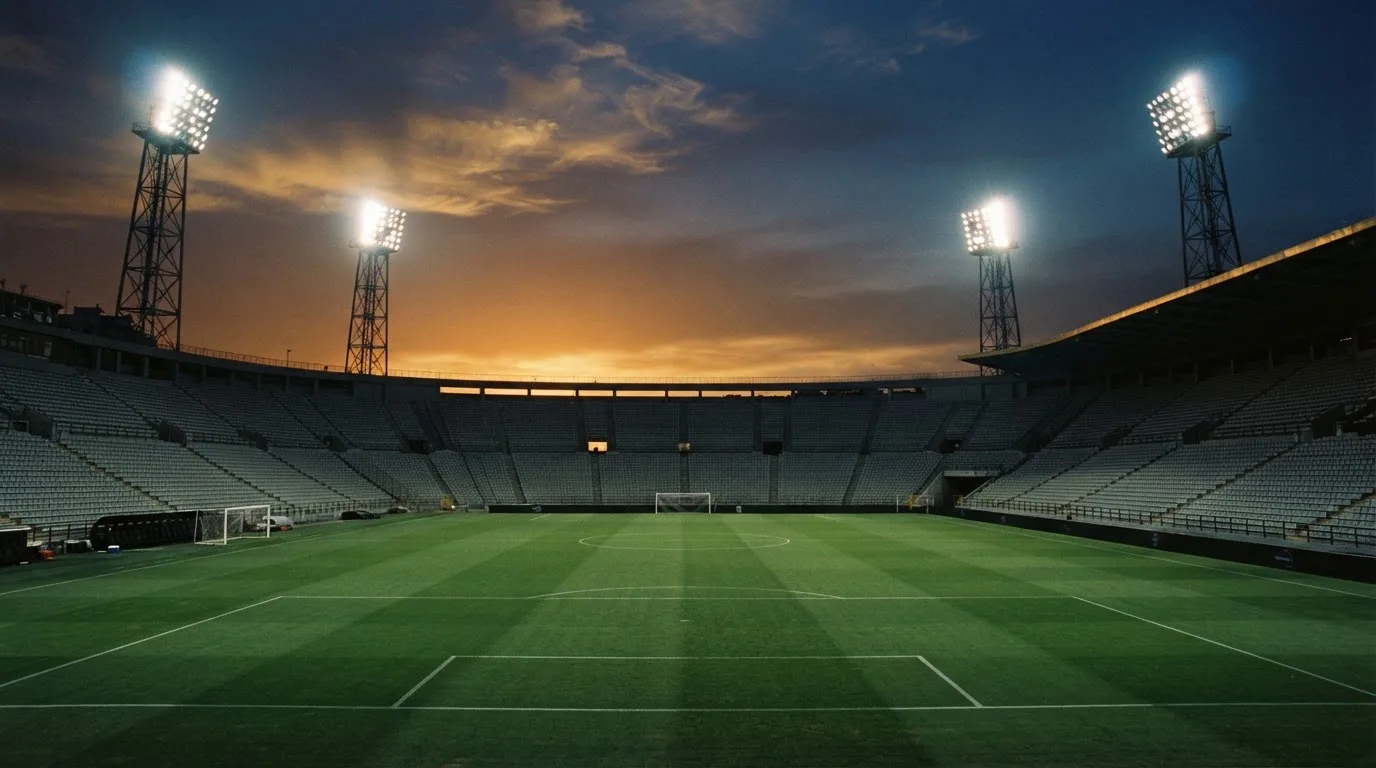 Un estadio de fútbol vacío con torres de iluminación al atardecer