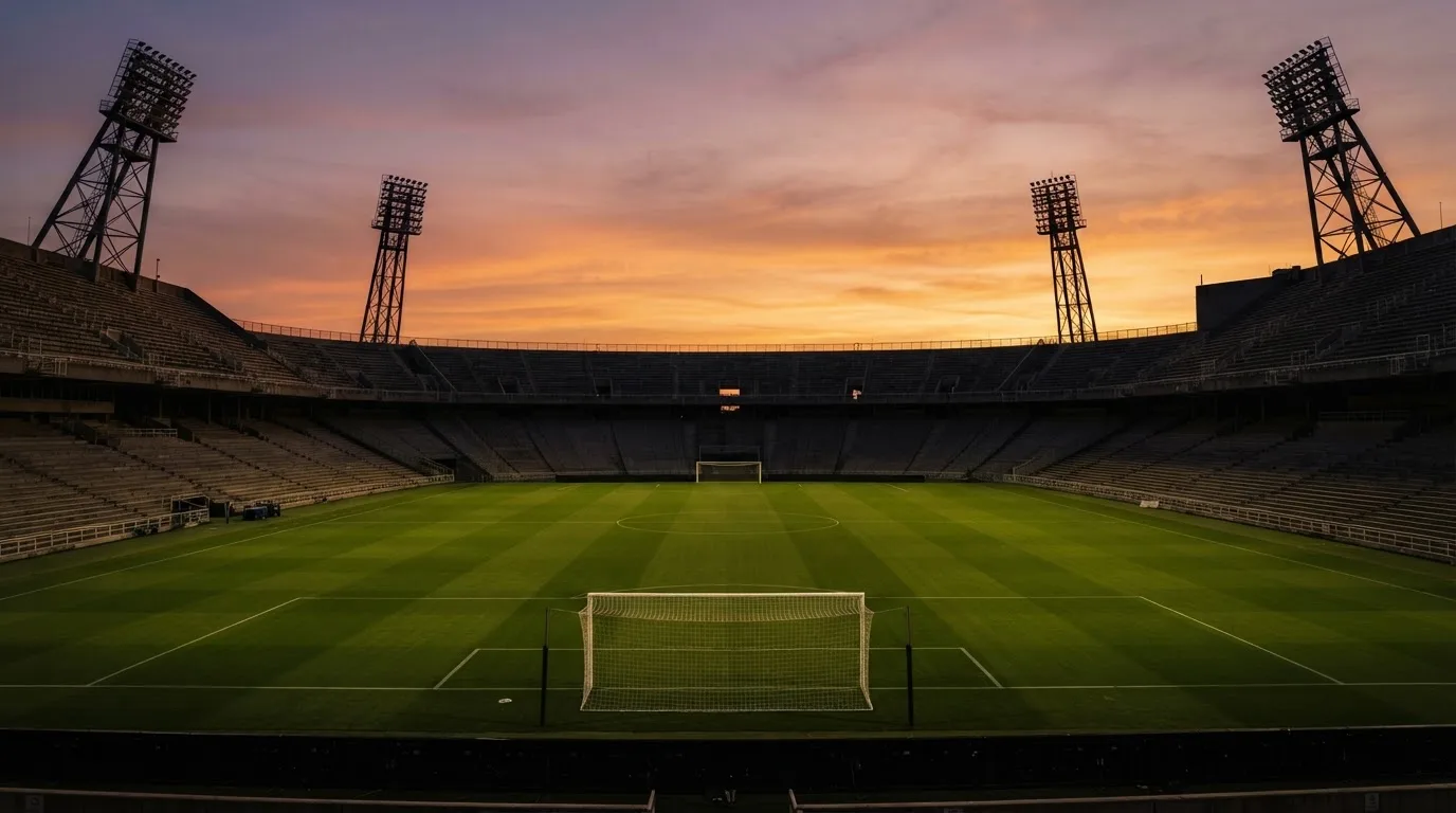 Un estadio de fútbol vacío con torres de iluminación al atardecer